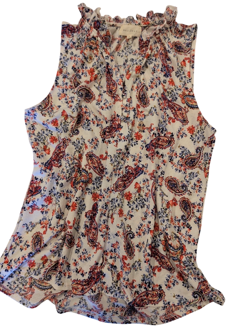 MELLODAY White Floral Paisley Ruffle Neck Blouse with Navy and Red Accents